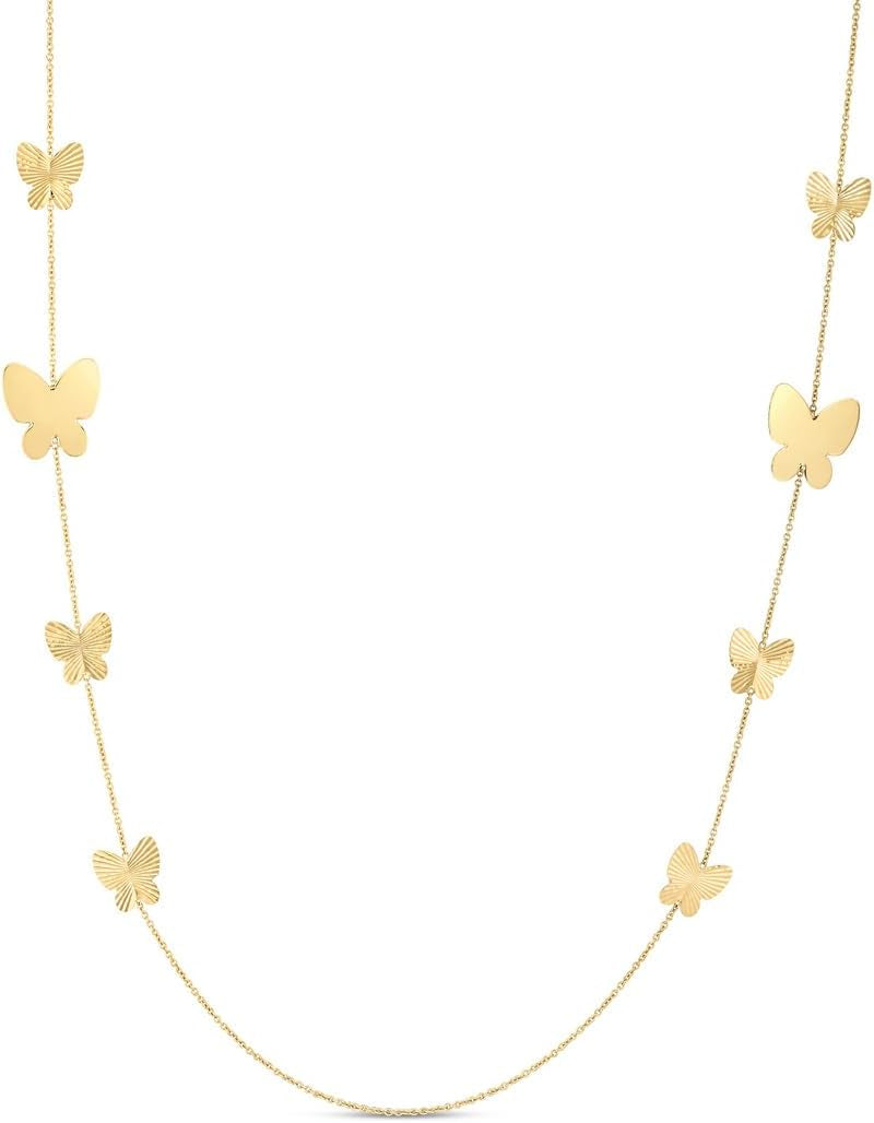 14K Yellow Gold Polished Graduating Butterfly Angel Wings Station Necklace with Lobster Clasp 26 Inch Jewelry for Women