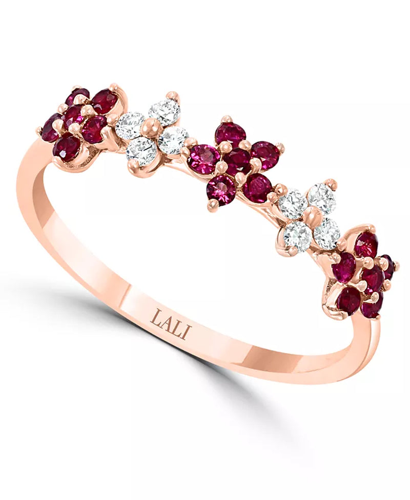 Ruby (3/8 Ct. T.W.) & Diamond (1/6 Ct. T.W.) Flower Band in 14K Rose Gold