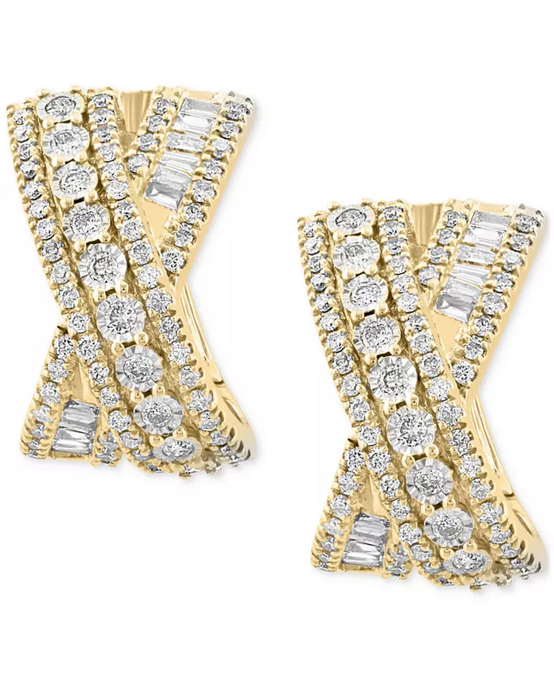 [14K, 7/8 Ct. T.W.] Two-Tone Gold Diamond Round & Baguette Crossover Huggie Hoop Earrings