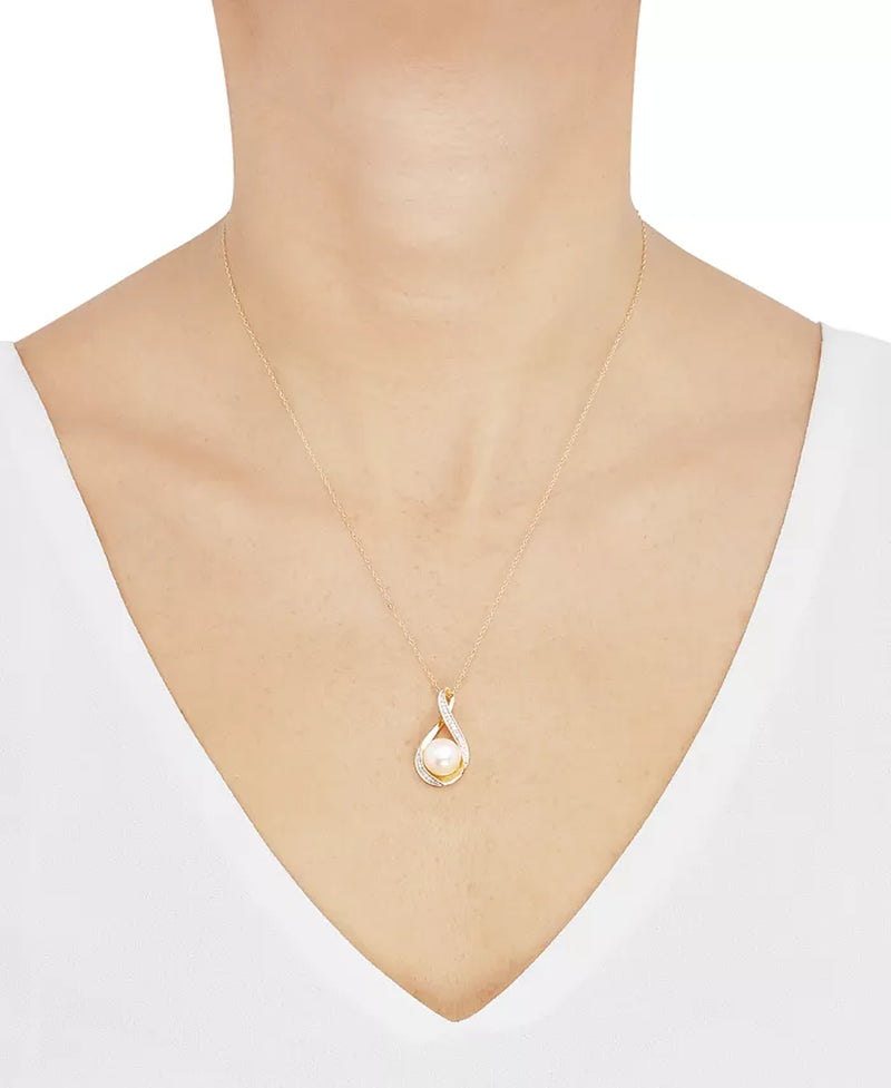 [14K] Gold Cultured Freshwater Pearl & Diamond Accent Pendant Necklace