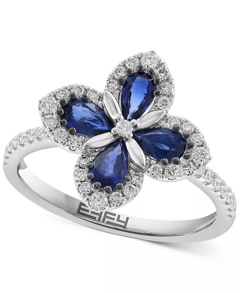 EFFYÂ® Blue Sapphire (3/4 Ct. T.W.) & Diamond (1/3 Ct. T.W.) Flower Statement Ring in 14K White Gold