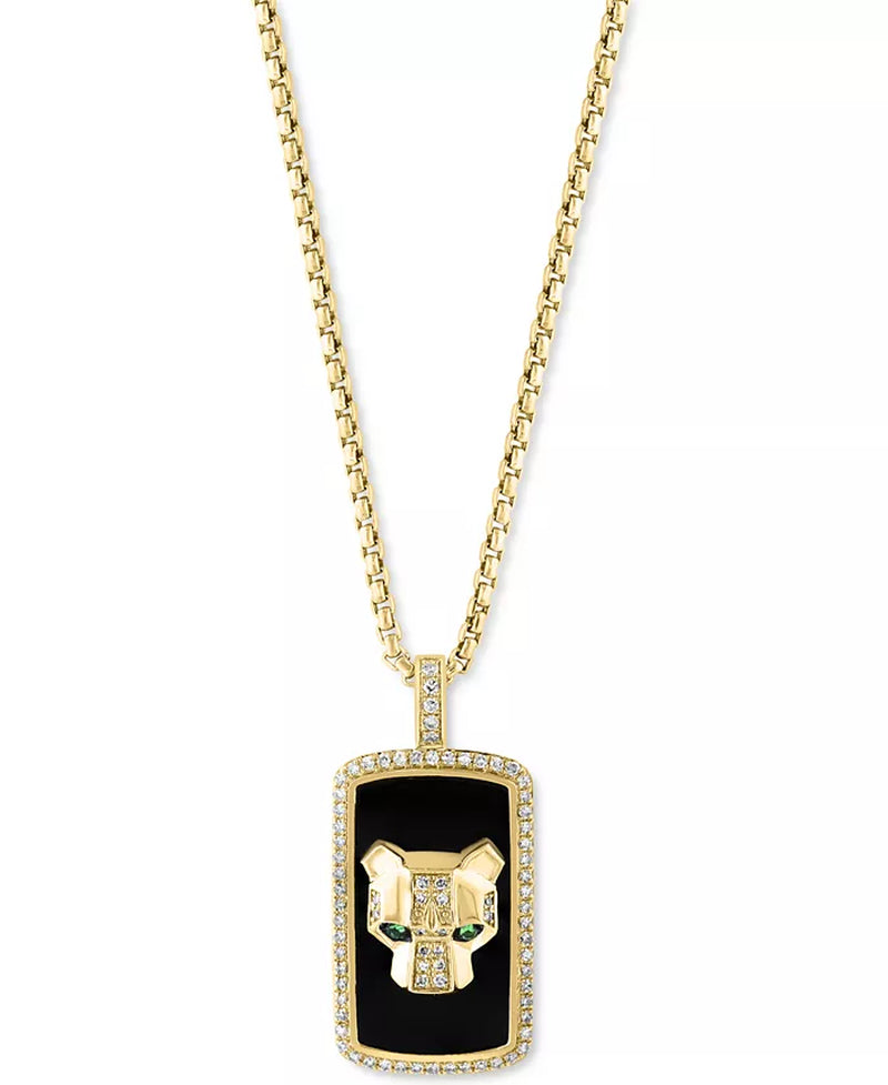 [14K, 1/5 Ct. T.W.] Gold Onyx - Diamond & Tsavorite Accent Panther Head Dog Tag 