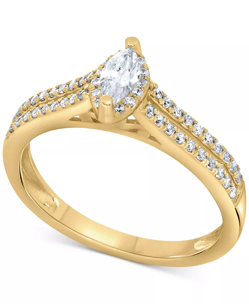 [14K, 1/2 Ct. T.W.] Gold Diamond Marquise Double Row Halo Engagement Ring