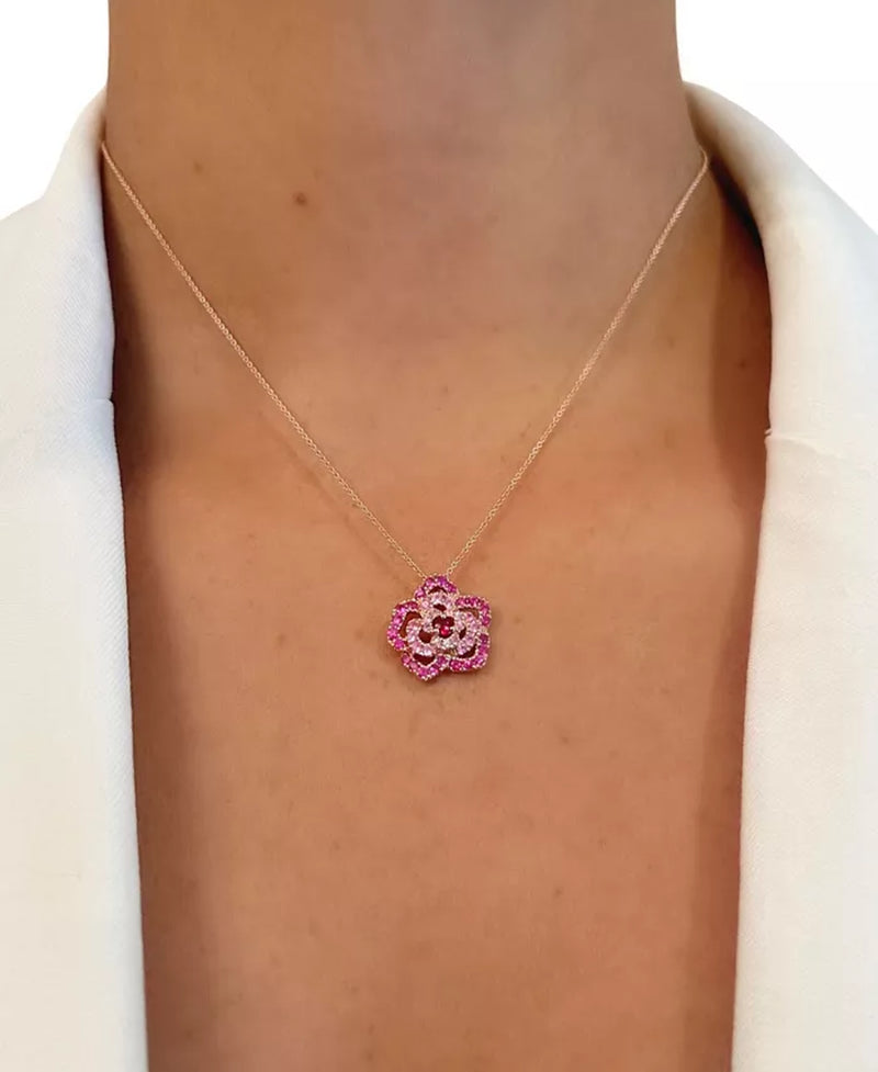 [14K] Rose Gold Passion Ruby (1/10 Ct. T.W.) & Bubble Gum Pink Sapphire (3/4 Ct.T .W.) Flower Pendant -18" + 2" Extender