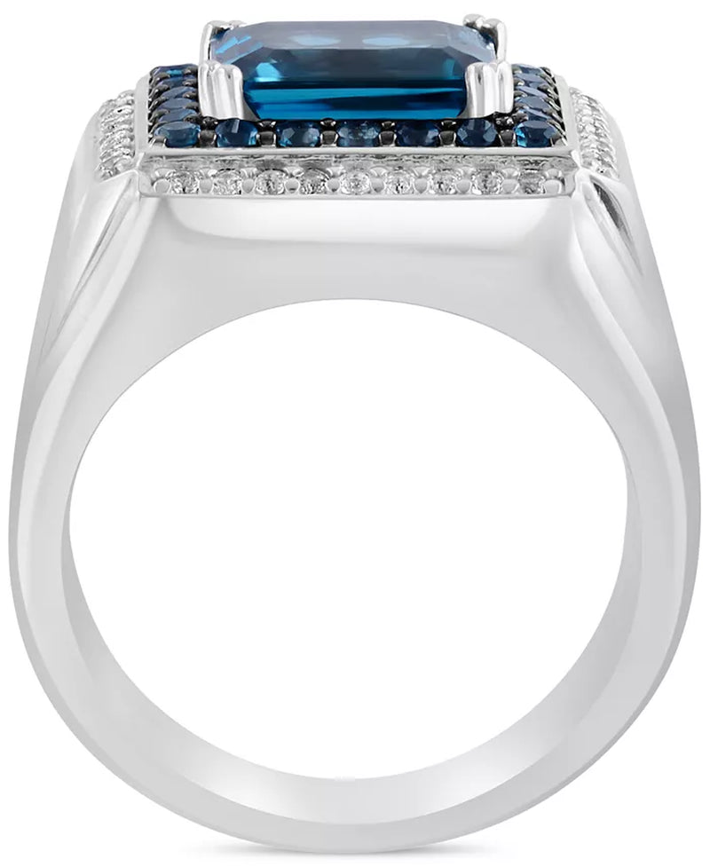 London Blue Topaz (4-1/2 Ct. T.W.) & White Topaz (1/3 Ct. T.W.) Rectangular Halo Ring in Sterling Silver