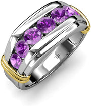 round Amethyst 1 Ctw 7 Stone Channel Set Men Wedding Ring 14K White Gold-10