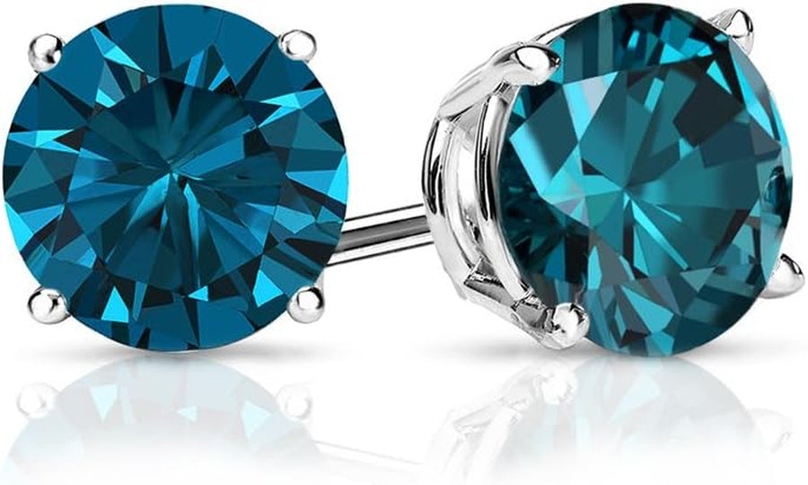 [1/4-2 Ct] Platinum Blue Diamond 4-Prong Basket Screw-Back Stud Earrings 