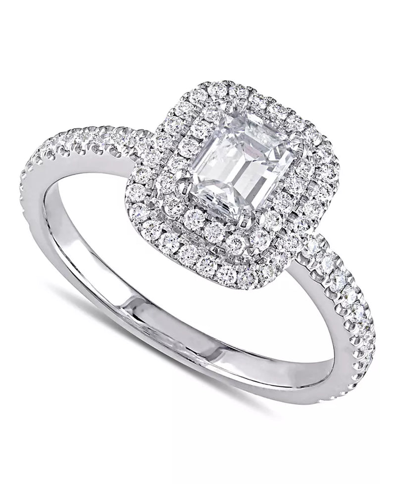 [14K, 1 Ct. T.W.] White Gold Diamond Emerald-Cut Double Halo Engagement Ring