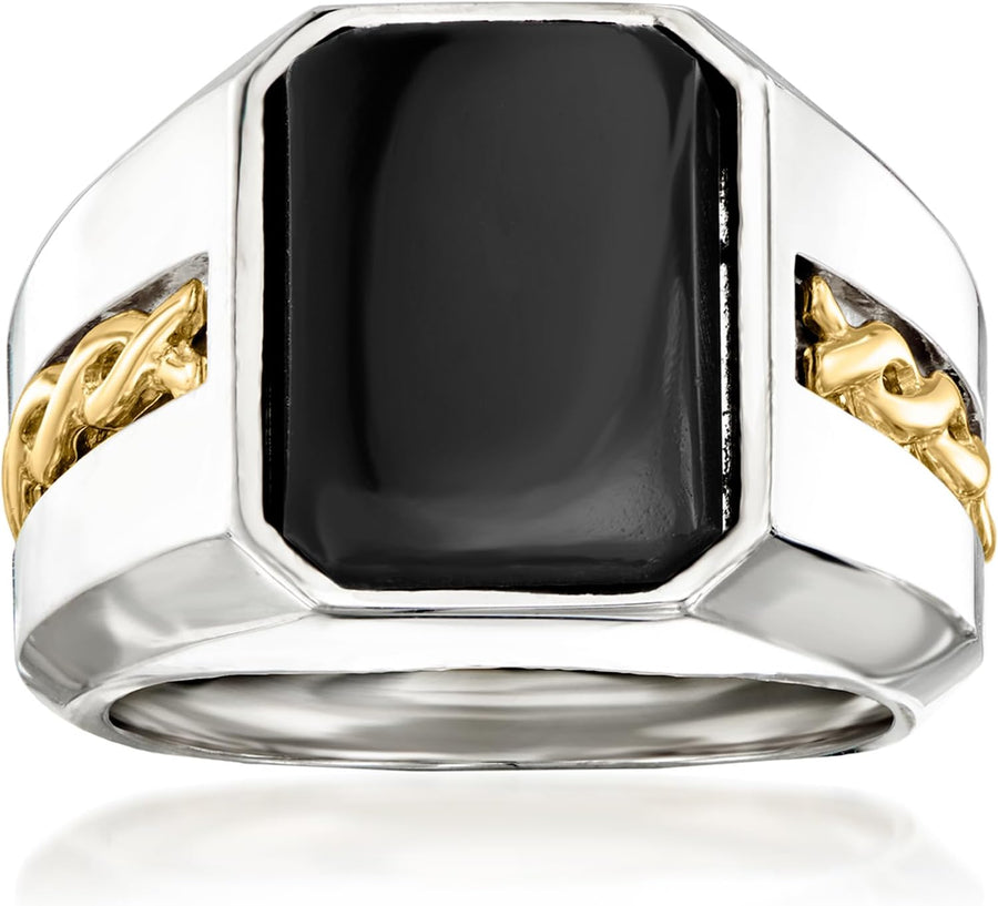 Men'S Black Onyx Ring in Sterling Silver and 14Kt Yellow Gold