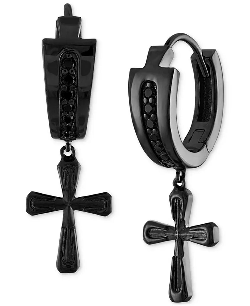 [1/6 Ct. T.W.] Black-Plated Sterling Silver Men's Icon Diamond Cross Drop Earrings