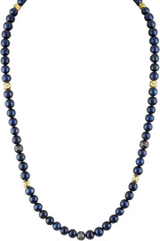 Sterling Silver - Beaded Navy Fresh Water Pearls Accented with Diamonds, and Gold-Tone Hexagonal Spheres Necklace