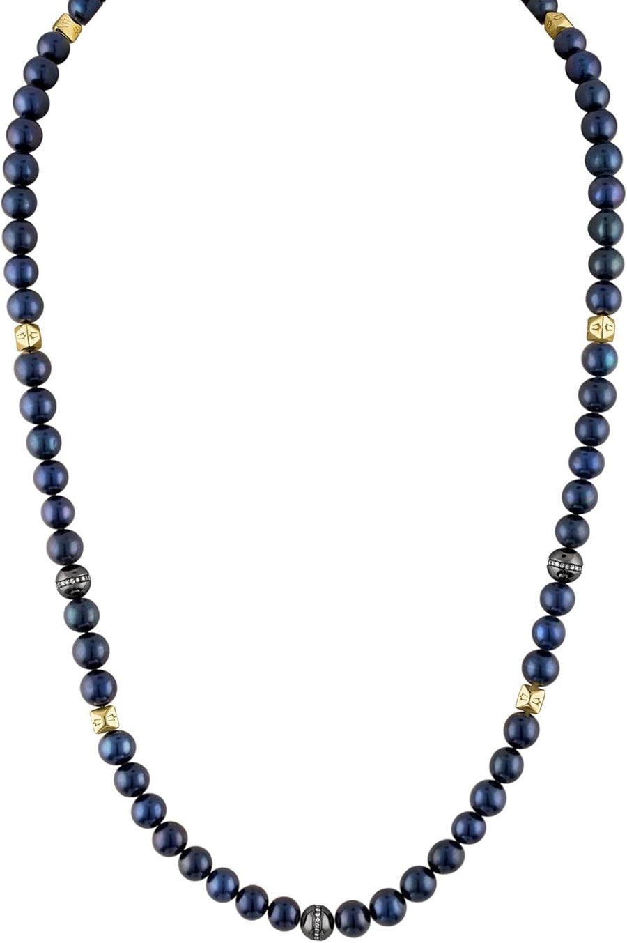 Sterling Silver - Beaded Navy Fresh Water Pearls Accented with Diamonds, and Gold-Tone Hexagonal Spheres Necklace