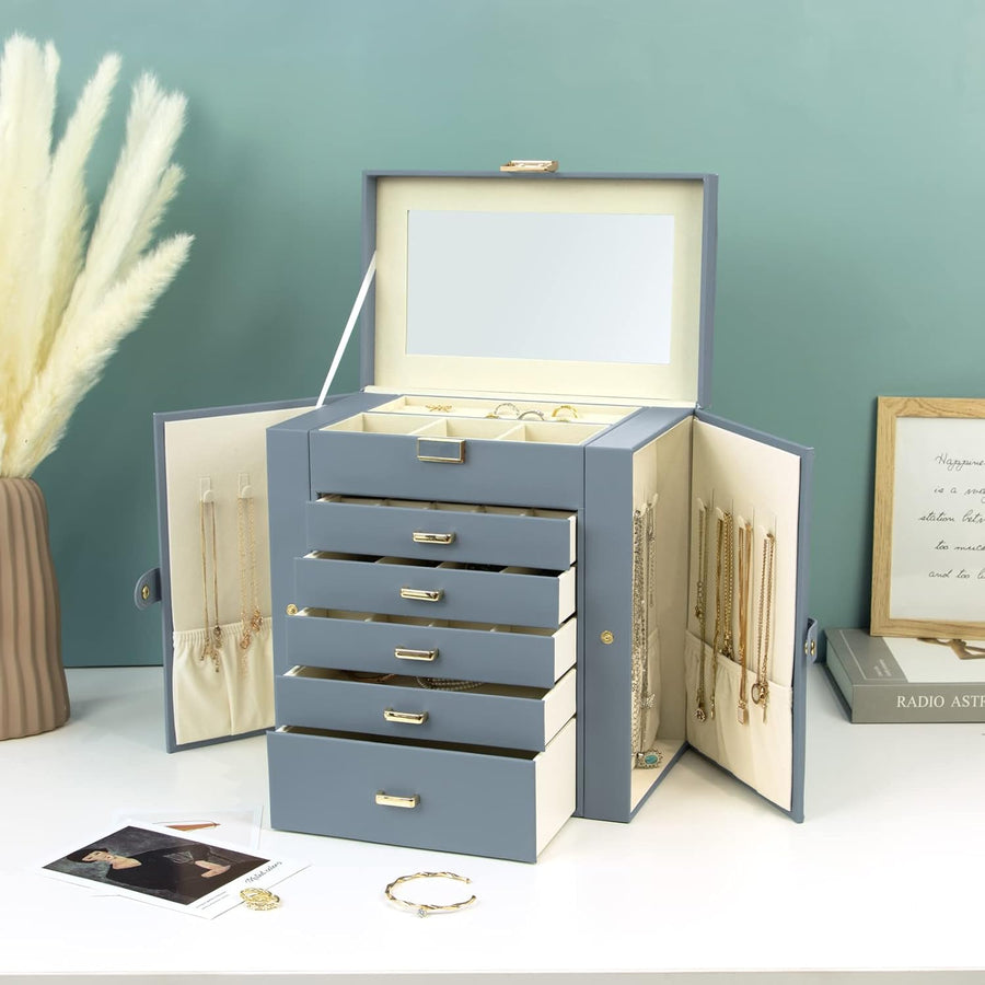 6-Layer Large Jewelry Organizer Box with Mirror & 5 Drawers