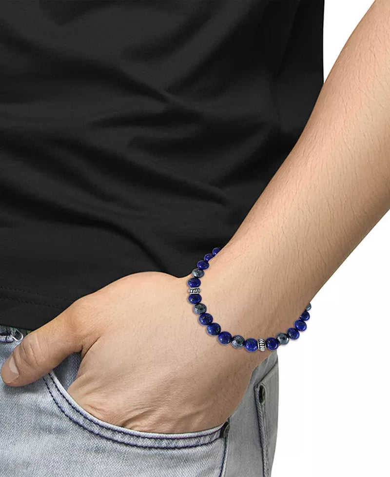 Sterling Silver Men's Lapis Lazuli & Hematite Bead Stretch Bracelet