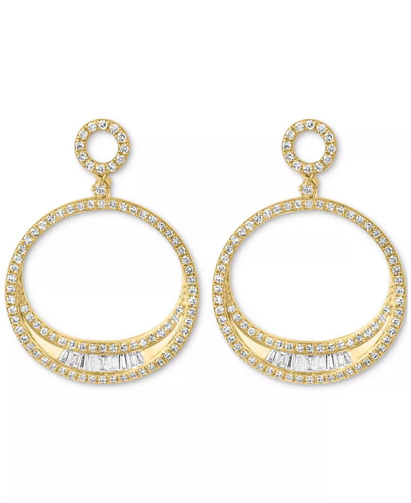 [14K, 3/4 Ct. T.W.] Gold Diamond Round & Baguette Open Circle Drop Earrings