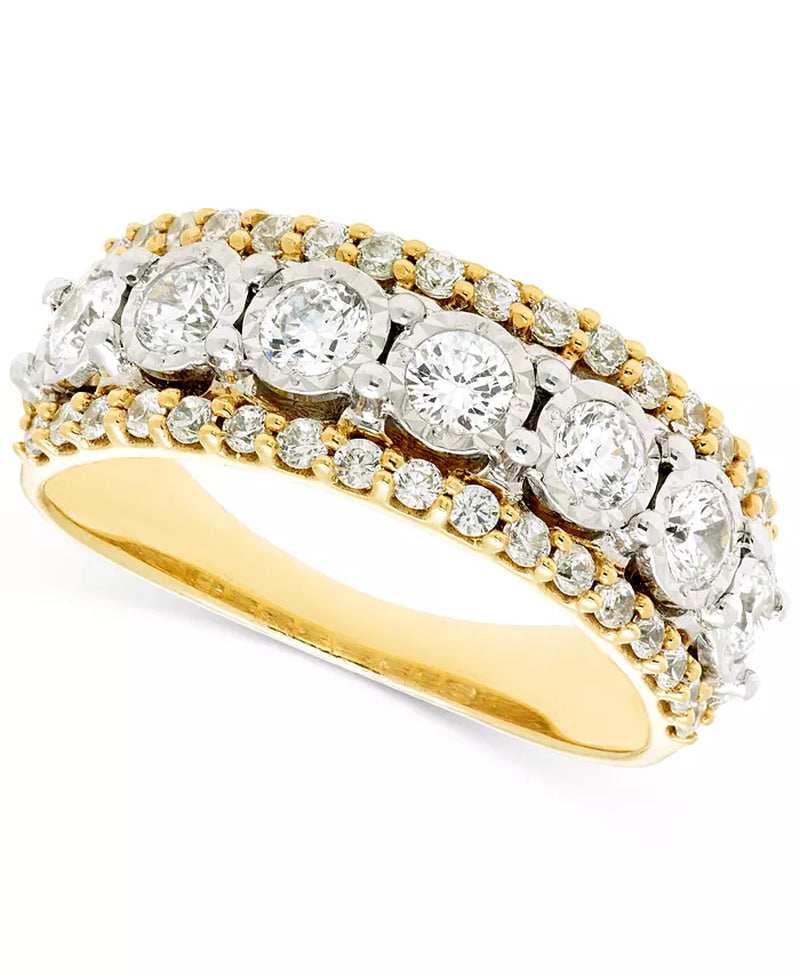 [14K, 1 Ct. T.W.] Two-Tone Gold Diamond Three Row Band