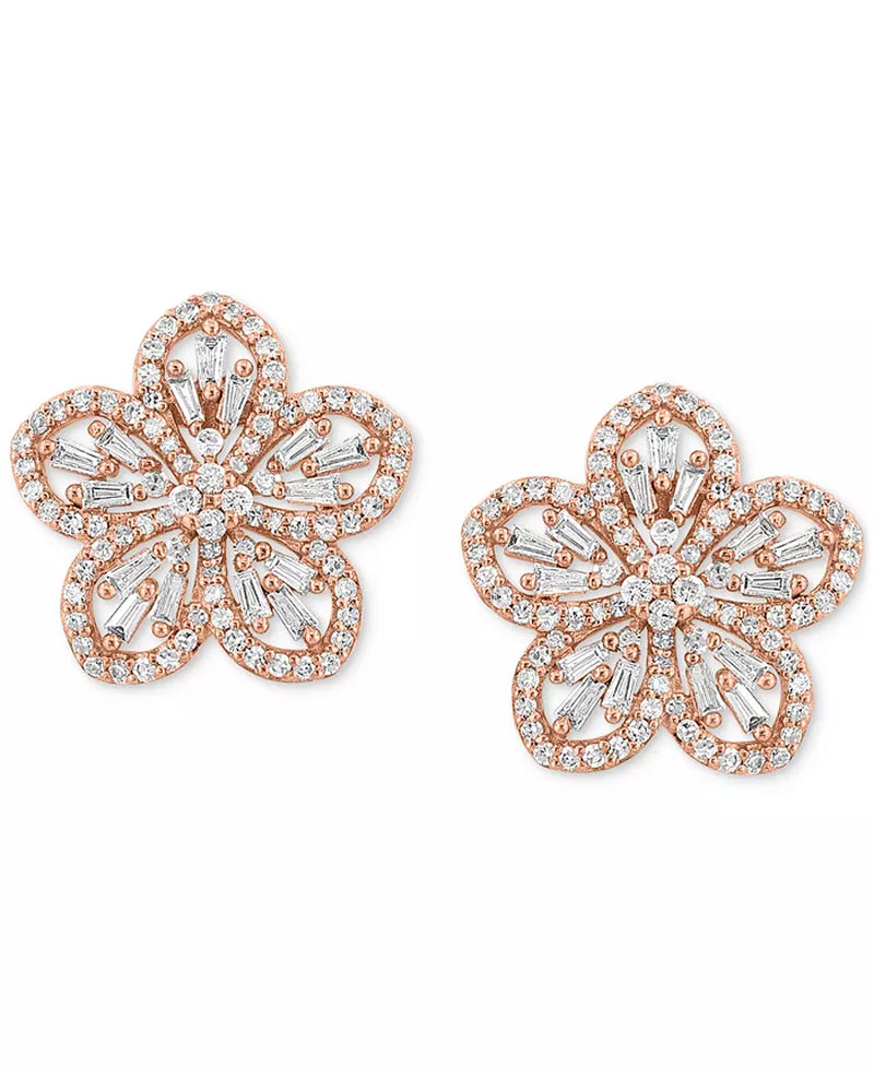 [14K, 1 Ct. T.W.] Rose Gold Diamond Baguette & Round Flower Stud Earrings