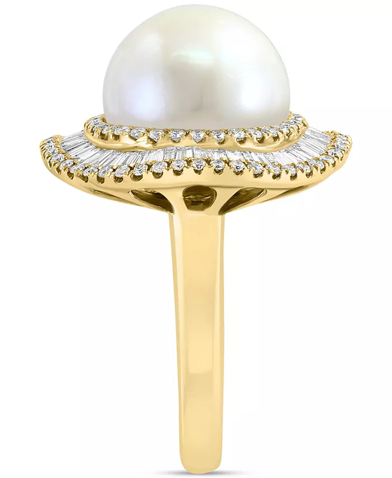 [14K, 1-1/6 Ct. T.W.] Gold  Freshwater Pearl (10Mm) & Diamond Halo Ring