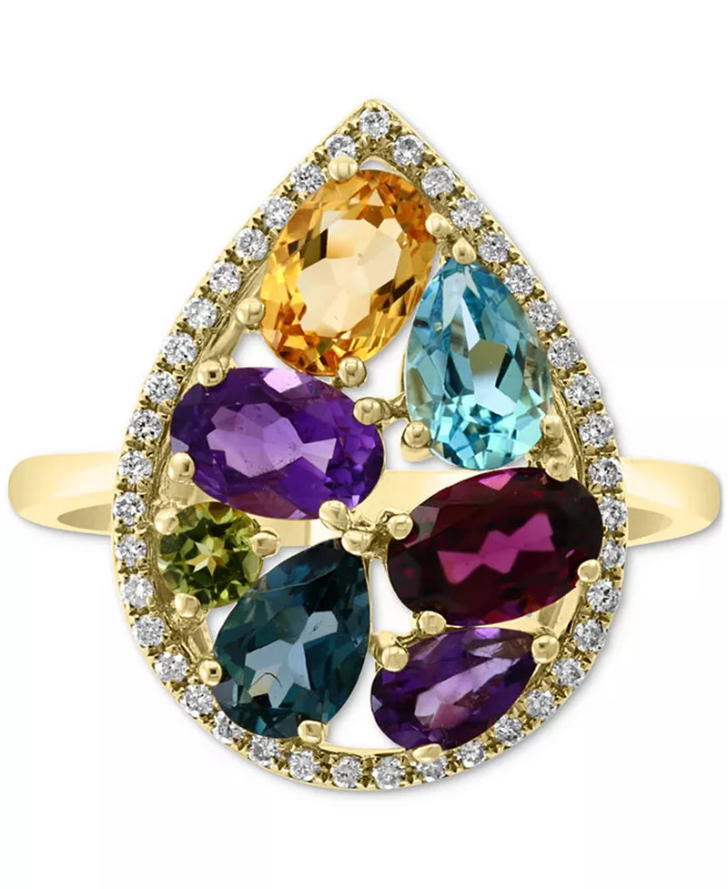 [14K] Gold Multi-Gemstone (3-1/4 Ct. T.W.) & Diamond (1/6 Ct. T.W.) Pear Halo Statement Ring