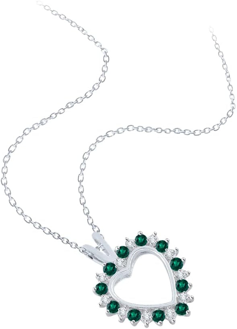 [14K, 5/8 Cttw] White Gold Diamond & Alternating Emerald Heart Pendant Necklace