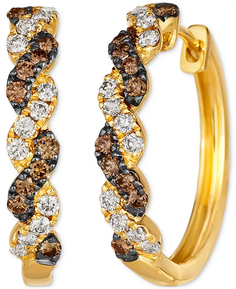 [14K, 3/4 Ct. T.W.] Gold Chocolate Diamond & Nude Diamond Twist Hoop Earrings