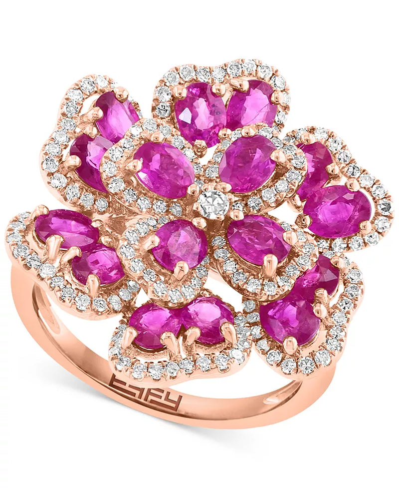 [14K] Rose Gold Ruby (3-3/4 Ct. T.W.) & Diamond (5/8 Ct. T.W.) Flower Ring 