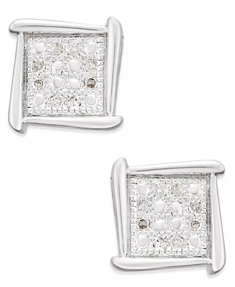 [10K] Yellow or Rose Gold White Diamond Accent Square Stud Unisex Earrings