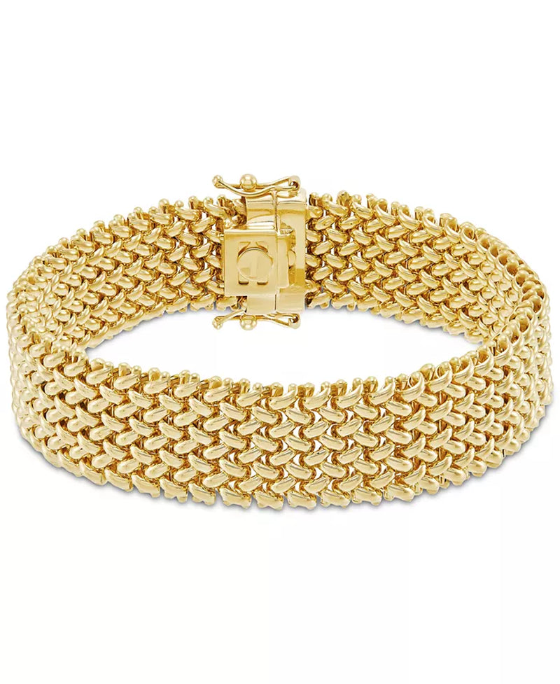 [18K] Gold Polished Wide Woven Mesh Link Chain Bracelet