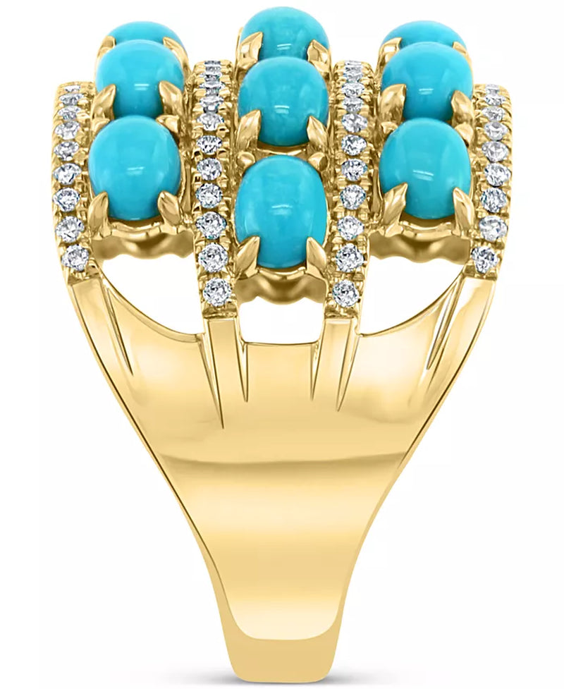 [14K, 1/3 Ct. T.W.] Gold Turquoise & Diamond Multi Row Statement Ring