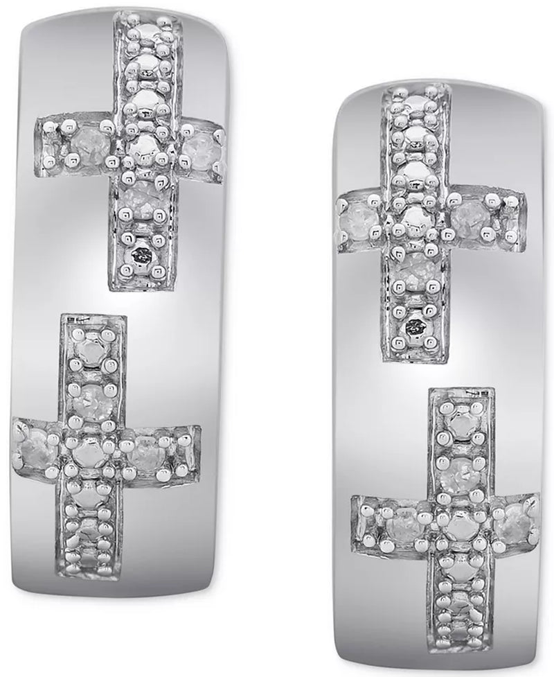 Men'S Diamond Cross Small Huggie Hoop Earrings (1/20 Ct. T.W.) in Sterling Silver, 0.63"