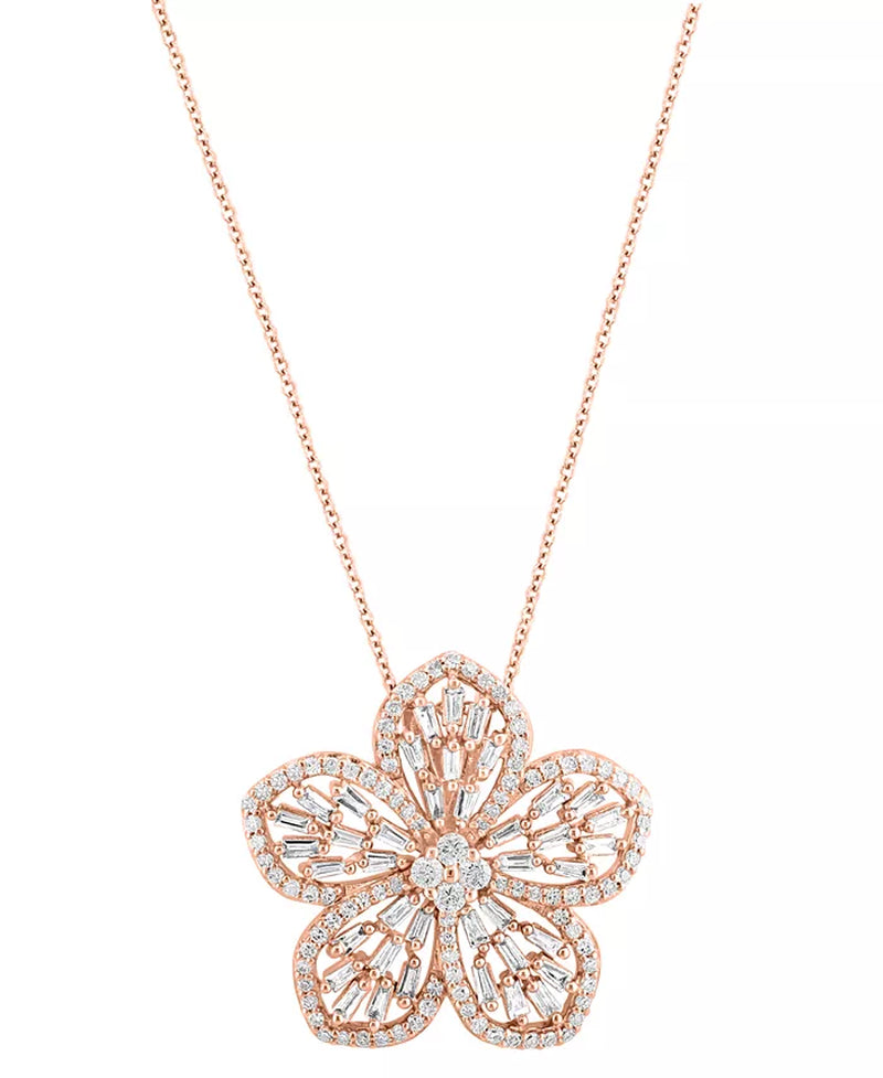 [14K, 3/4 Ct. T.W.]  Rose Gold Diamond Round & Baguette Flower 18" Pendant