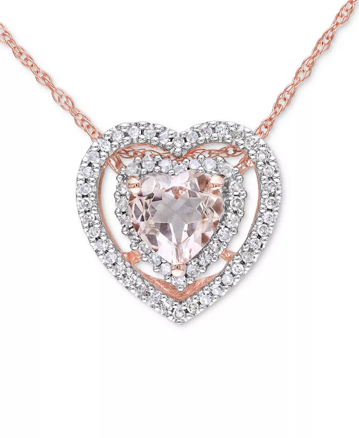 [10K] Rose Gold Morganite (5/8 Ct. T.W.) & Diamond (1/5 Ct. T.W.) Heart 17" Pendant Necklace in 