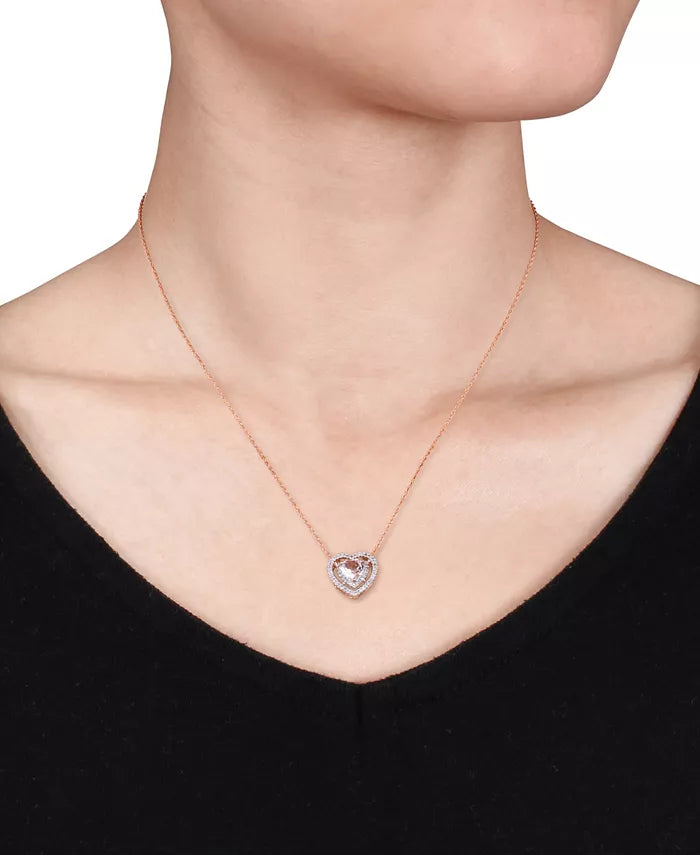 [10K] Rose Gold Morganite (5/8 Ct. T.W.) & Diamond (1/5 Ct. T.W.) Heart 17" Pendant Necklace in 