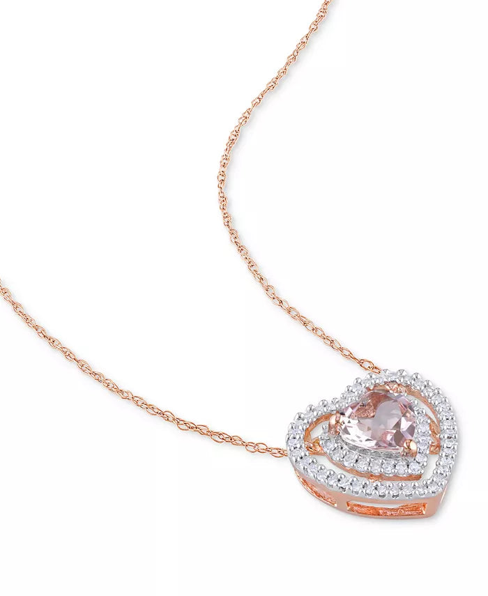 [10K] Rose Gold Morganite (5/8 Ct. T.W.) & Diamond (1/5 Ct. T.W.) Heart 17" Pendant Necklace in 