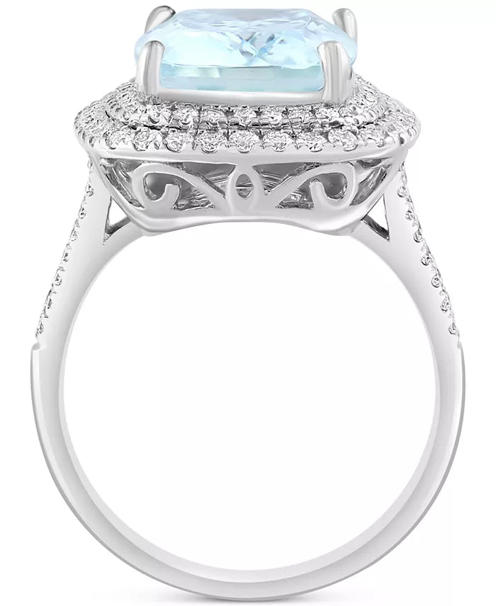 [14K] White Gold Aquamarine (5-7/8 Ct. T.W.) & Diamond (3/4 Ct. T.W.) Double Halo Statement Ring