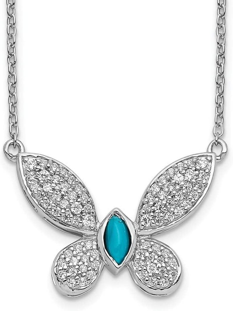 [14K, 0.34Ct] White Gold Diamond & Turquoise Butterfly Necklace 