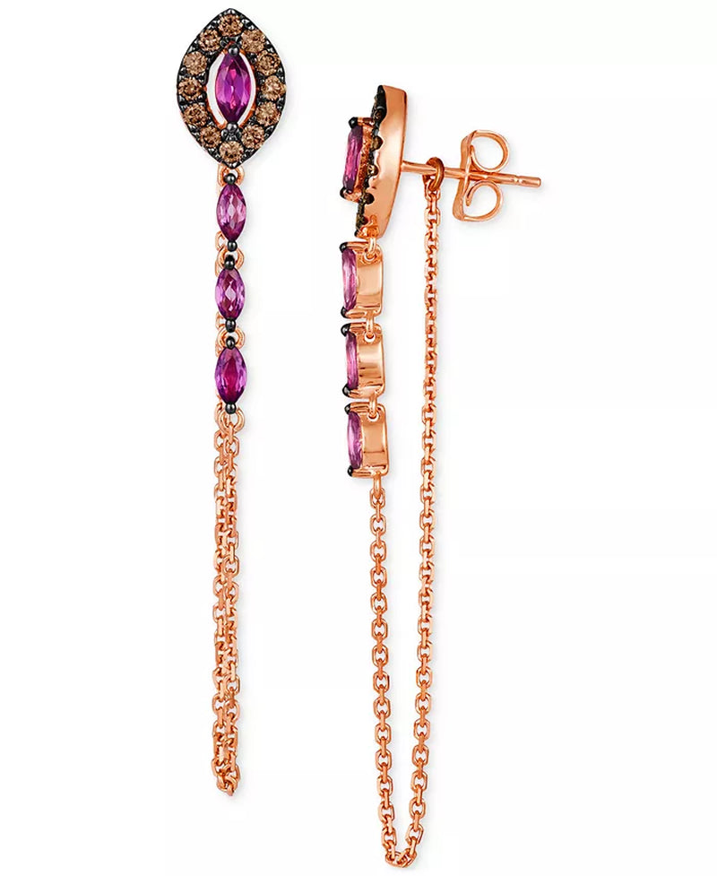 [14K] Rose Gold Chocolatier Raspberry Rhodolite (3/4 Ct. T.W.) & Chocolate Diamonds (3/8 Ct. T.W.) Linear Drop Earrings