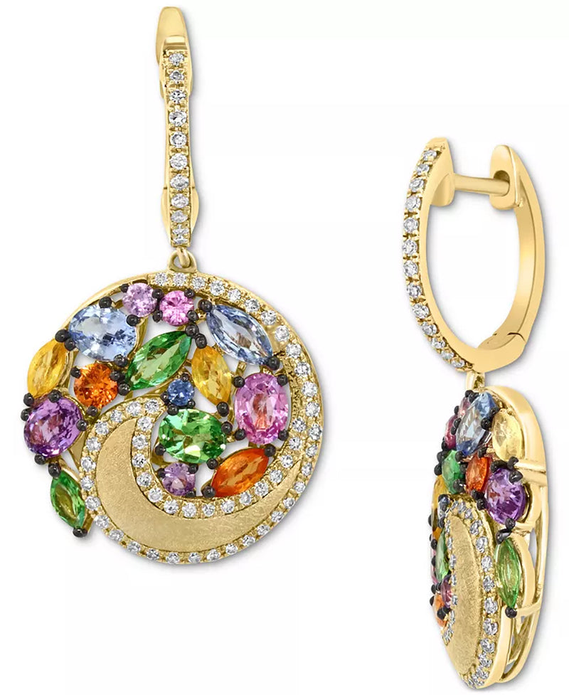 [14K] Gold Multi-Gemstone (3-1/6 Ct. T.W.) & Diamond (3/8 Ct. T.W.) Swirling Dangle Hoop Earrings