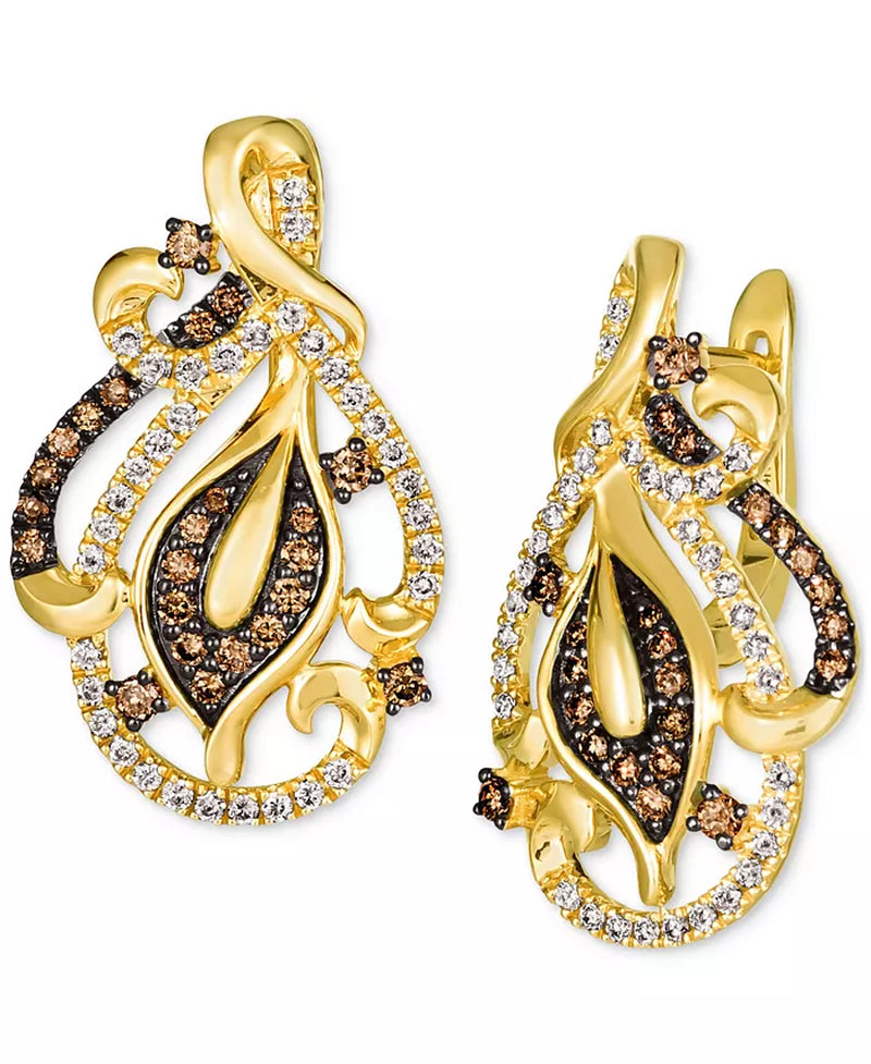 [14K, 1-1/8 Ct. T.W.] Gold Nude Diamond & Chocolate Diamond Openwork Filigree Drop Earrings