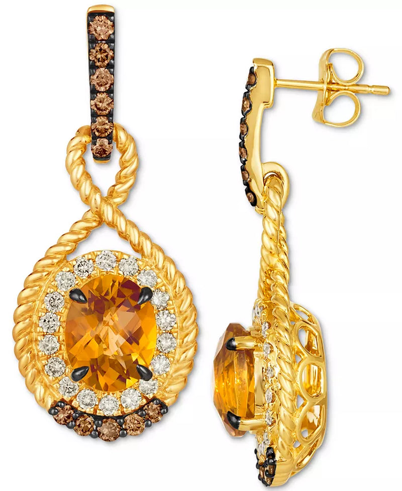 [14K] Gold Cinnamon Citrine (3-1/2 Ct. T.W.), Nude Diamonds (5/8 Ct. T.W.) & Chocolate Diamonds (1/2 Ct. T.W.) Drop Earrings