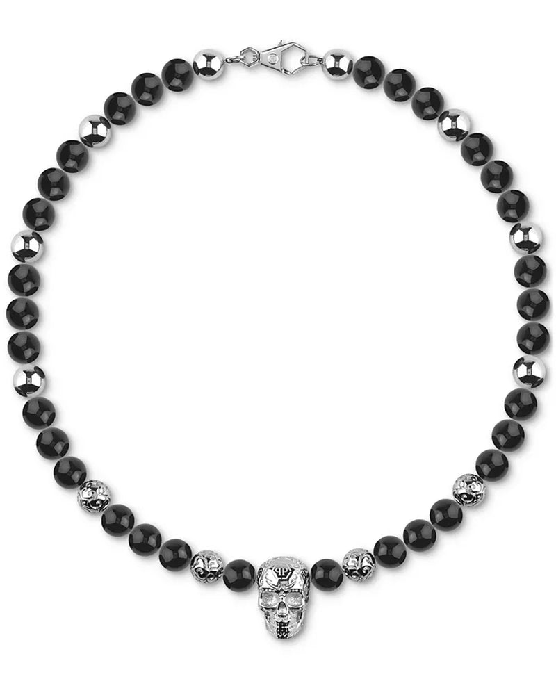 Men's Stainless Steel Black Skull Onyx Bead Necklace
