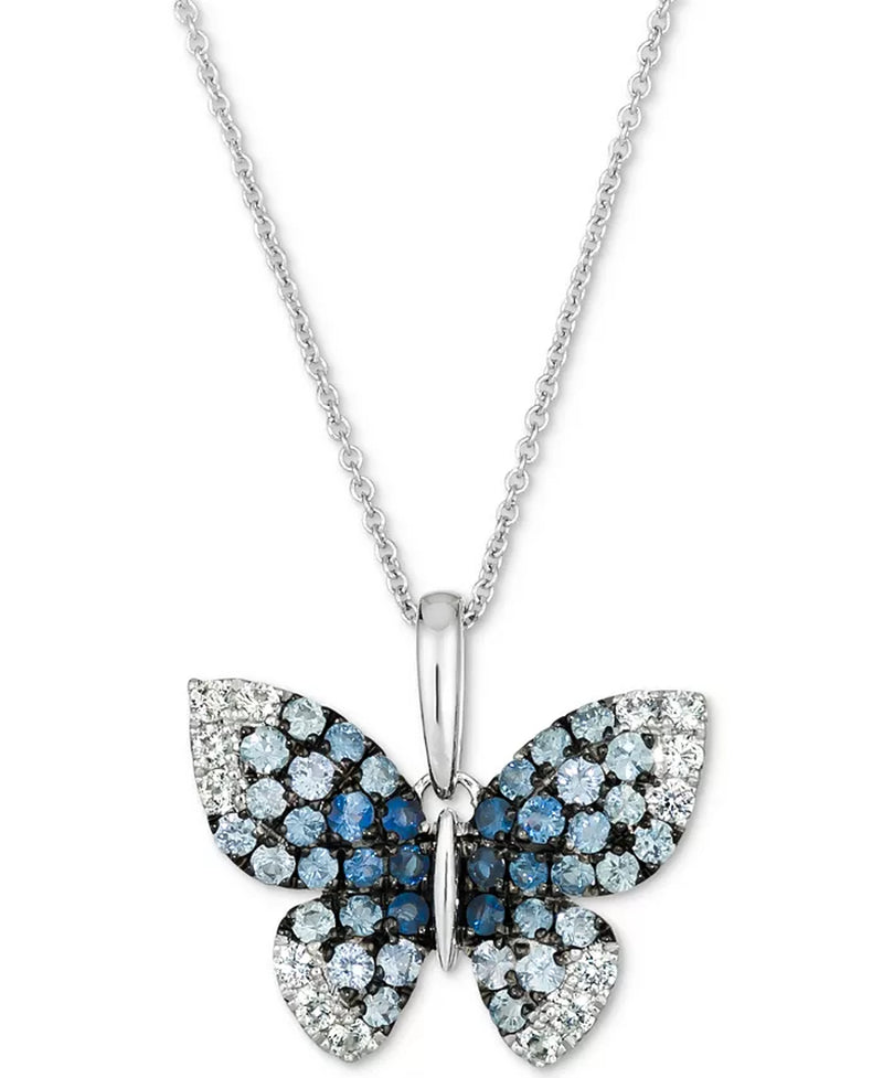 [14K, 7/8 Ct. T.W.] Denim Ombré White Sapphire Butterfly Pendant Necklace