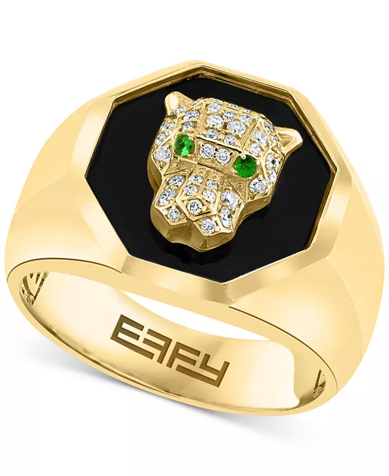 [14K, 1/4 Ct. T.W.] Gold  Men's Onyx, Diamond & Tsavorite Accent Panther Ring