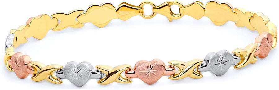 [14K] Tri 3 Color Gold Polished Diamond Cut Stampato Heart Bracelet