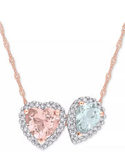 [14K] Rose Gold Morganite (1-1/10 Ct. T.W.), Aquamarine (5/8 Ct. T.W.) & Diamond (1/5 Ct. T.W.) Two-Stone Halo Necklace