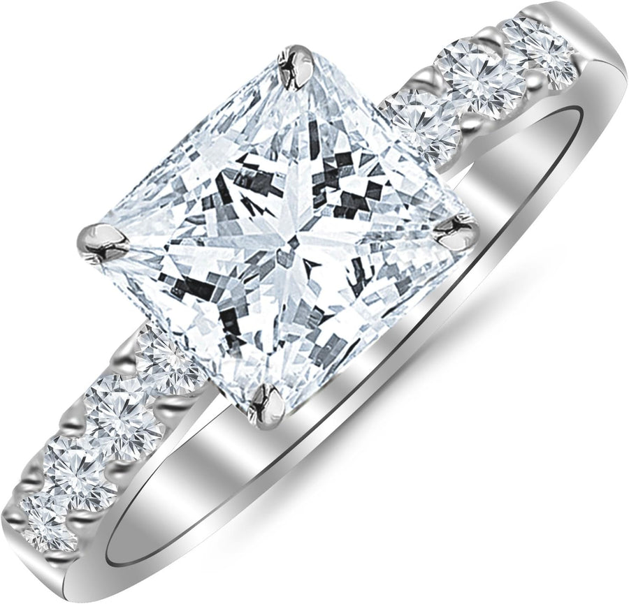 [14K, 1.10 Ct] White Gold Classic Prong Set Diamond Engagement Ring With Side Diamonds