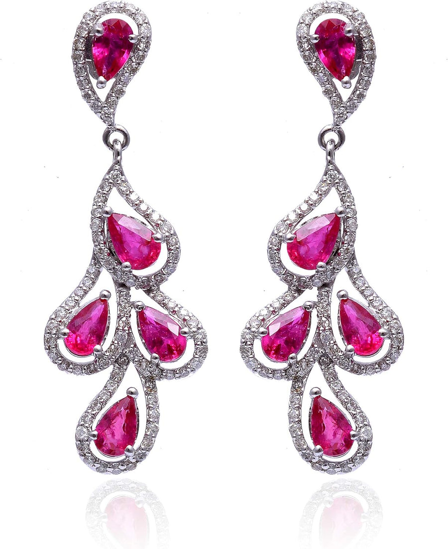 [18K] White Gold Dangle Earrings Sparkling Ruby (2.65 Ct.) + Natural Diamonds (0.69 Ct. )