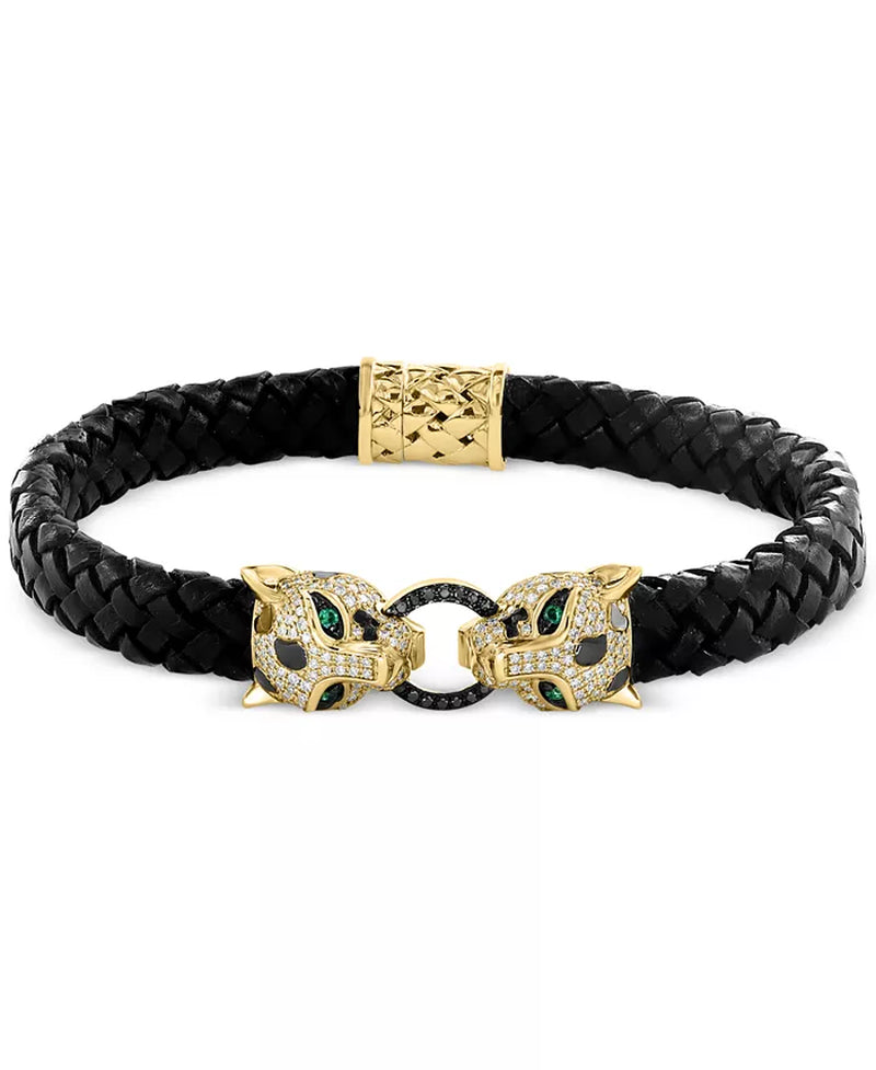 [14K] Gold White Diamond & Black Diamond (7/8 Ct. T.W.) & Emerald (1/20 Ct. T.W.) Panther Head Leather Bracelet