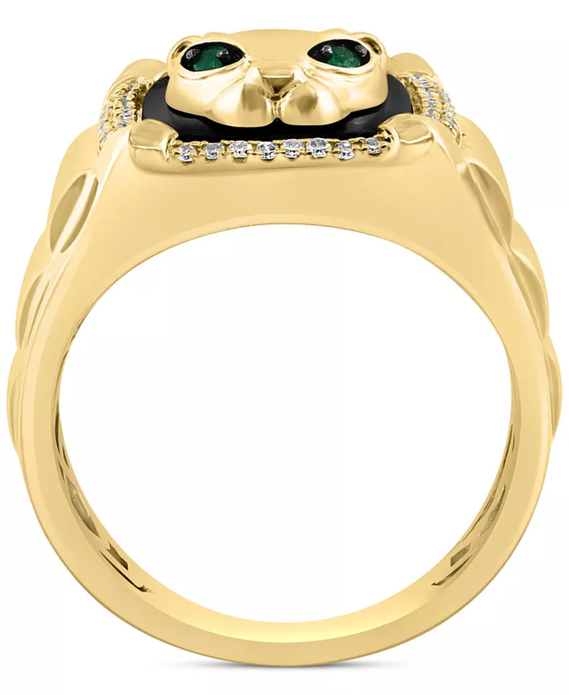 [14K] Gold Onyx & Diamond (1/5 Ct. T.W.) & Emerald (1/20 Ct. T.W.) Panther Signet Ring