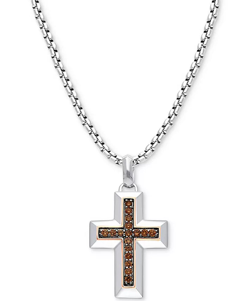 [14K, 1/3 Ct. T.W.] Sterling Silver Rose Gold-Plated Chocolate Diamond Cross 22" Pendant